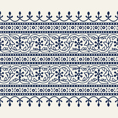 Woodblock printed indigo dye seamless ethnic floral wide geometric border. Traditional oriental ornament of India Kashmir, flowers wave and arcade motif, navy blue on ecru background. Textile design. - 296105409