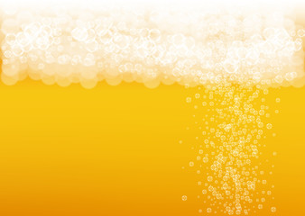 Splash beer. Background for craft lager. Oktoberfest foam. pub menu layout. German pint of ale with realistic white bubbles. Cool liquid drink for Orange bottle with splash beer.