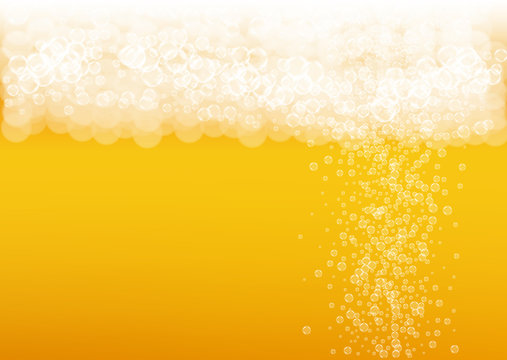 Splash beer. Background for craft lager. Oktoberfest foam. pub menu layout. German pint of ale with realistic white bubbles. Cool liquid drink for Orange bottle with splash beer.
