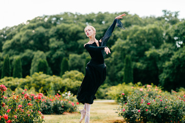 Young ballerina in black dress jumping among rose bushes in park © benevolente