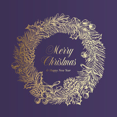 Christmas Greetings Advert Vector Banner Template. Winter Holiday Symbol Doodle Sketch Wreath on Purple Background. Xmas Greetings or Discount Offer in Frame. December Clearance Promo Poster Design