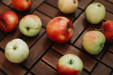 Composition of apples , top view. Food background pattern. Autumn and Thanksgiving holiday concept. Wallpaper of vegetables.
