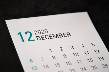 2020 December calendar on black background 
