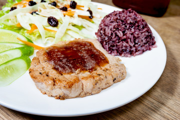 steak with cooked jasmine rice