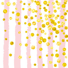 Gold glitter dots confetti on pink stripes. Random falling sequins with glossy sparkles. Design with gold glitter dots for party invitation, banner, greeting card, bridal shower.