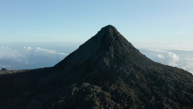 Drone Aerial view of the highest point in Portugal, the top of Pico Mountain in Azores. Great plan of Piquinho.