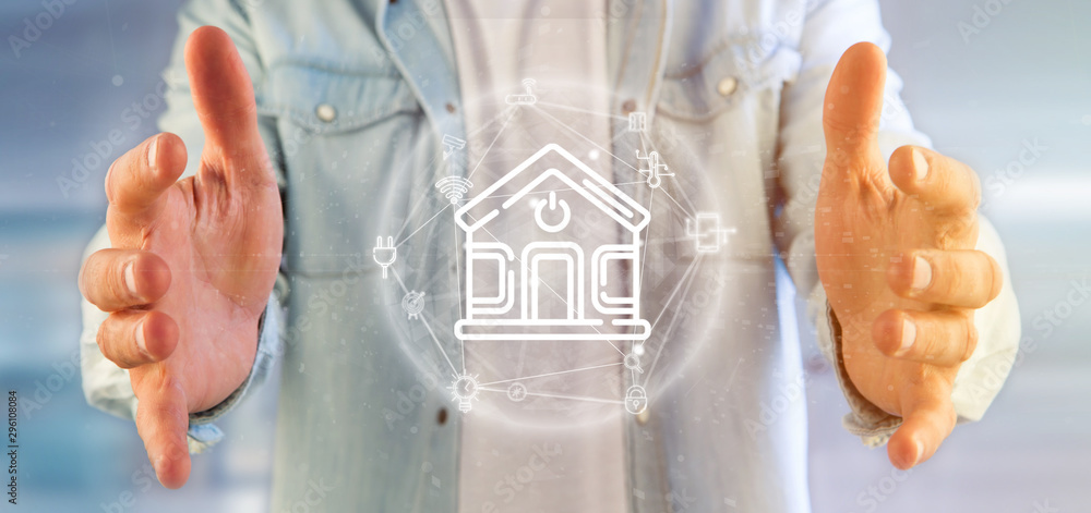 Poster businessman holding smart home interface with icon, stats and data 3d rendering