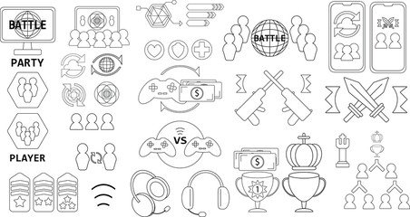 e-sport icon set, doodle line art in technology theme 