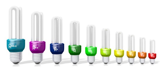 3D energy efficiency chart - light bulbs - A+++, A++, A+, A, B, C, D, E, F, G