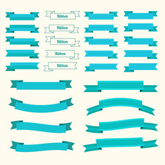 Blue ribbons set .Flat  vector ribbon design on white background.