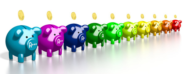 3D energy efficiency chart - piggy banks - A+++, A++, A+, A, B, C, D, E, F, G