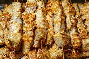 Chicken skewers on wooden skewers