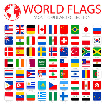 Vector high quality collection set of major world countries (major economies) official flags in squared format - 1:1 ratio world flags.