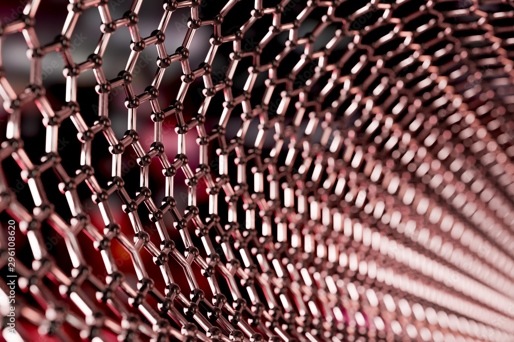 Poster graphene molecular nano technology structure on a red background - 3d rendering