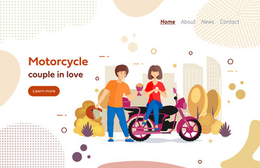 Riders couple in love on motorbike website landing page. Lovers couple together riding motorcycle. Young man gives girl bouquet of flowers in autumn, active lifestyle, urban transportation vector