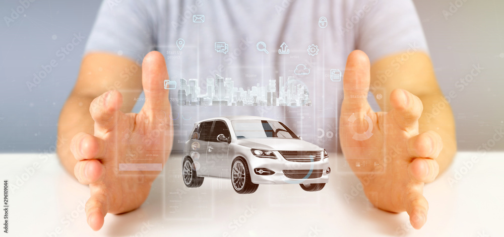 Poster businessman holding dashboard smartcar interface with multimedia icon and city map on a background 3
