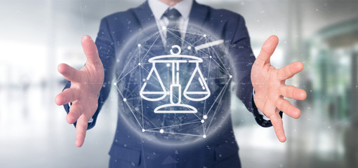 Businessman holding Cloud of justice and law icon bubble with data 3d rendering