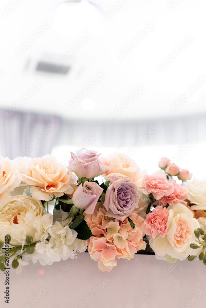 Poster gentle wedding flower decor. beautiful background of fresh flowers.