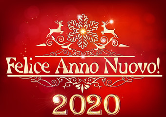Happy New Year 2020! written in Italian. Greeting card for print, with an elegant classic design- shiny golden text and decorative elements on a light red background.