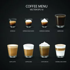 Foto op Plexiglas set of coffee cups, espresso glass, coffee latte, cappuccino, mocha, americano,caramel macchiato,vector design. © chaiwat