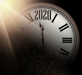 Fototapeta na wymiar Christmas illustration. Gold shiny sand 2020 New Year background with round clock on black.