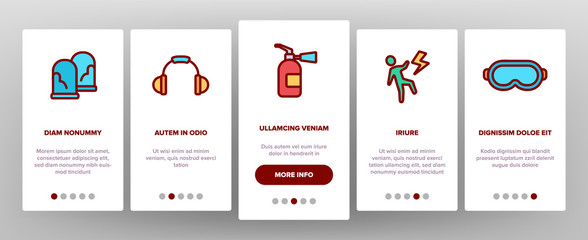 Safety Work Onboarding Mobile App Page Screen Vector Thin Line. Goggles And Earphones, Respirator And Clothes Equipment Tools For Safe Work Concept Linear Pictograms. Color Contour Illustrations