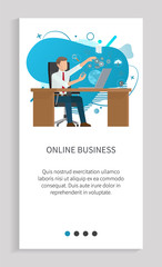 Online business technology, worker communication with laptop, man on workplace, working with computer, employee portrait view, development vector. Website or app slider, landing page flat style