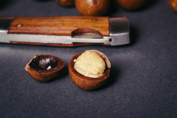 Several macadamia nuts on a black background