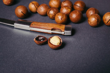 Several macadamia nuts on a black background