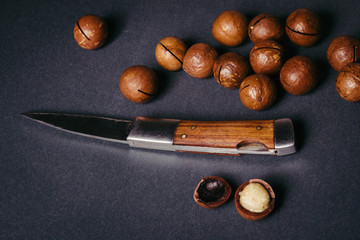 Several macadamia nuts on a black background