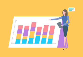 Woman giving presentation vector, presenter with board and information, businesswoman with plan of project development, infographics flat style isolated