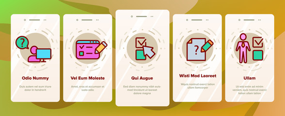 Online Test Onboarding Mobile App Page Screen Vector Thin Line. Survey And Questionnaire, Online Mobile Checklist, Poll And Vote Concept Linear Pictograms. Contour Illustrations