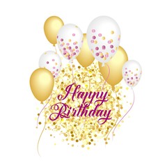 Gold sparkles on white background. Gold glitter background with balloons. Birthday vector design. 
