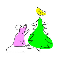 The purple mouse extends its legs to the cheese, which is located on top of a green Christmas tree. Icon. Isolated. Vector illustration.