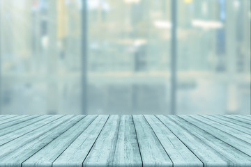 Empty wooden board space platform with blur restaurant background