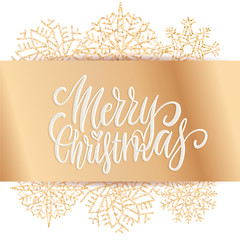 Wide golden bow with Merry Christmas lettering text. Christmas Party poster design template. Luxury shining golden snowflakes peeking out from under the ribbon. Greeting card Vector illustration