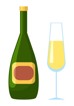 Alcoholic beverage vector, isolated bottle of champagne accompanied with glass. Container with alcohol, celebration of event, cold drink with bubbles