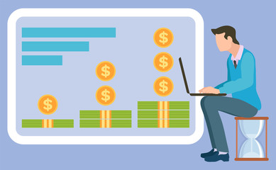 Financial activities board, stacks of money and dollar coins, man sitting on hourglass and typing on computer. Vector business education concept, time to study
