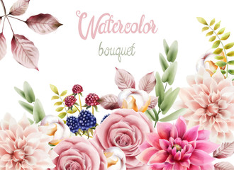 Watercolor flowers and leaves bouquet background vector. Wedding greeting cards