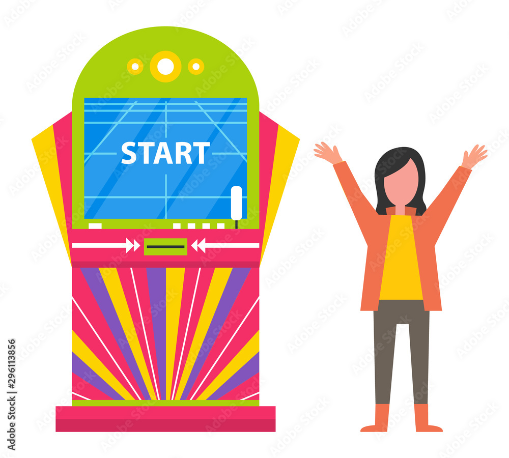 Poster girl kid playing on game machine vector, isolated character with electronic device. start on screen,