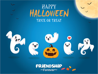 Vintage Halloween poster design with vector ghost character. 