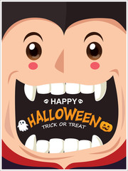 Vintage Halloween poster design with vector vampire, ghost, pumpkin character. 