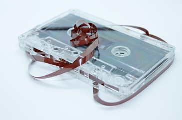 Audio cassette located on a white background