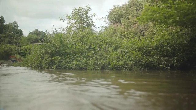 Blue Red Boat on the River - Backwards 