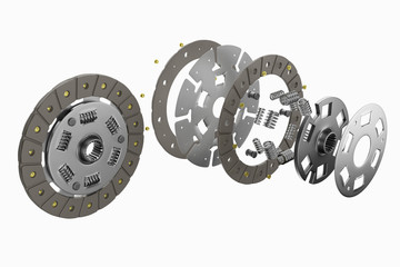 Spare parts for car and truck clutch disk. Transmission auto parts. 3d rendering - obrazy, fototapety, plakaty