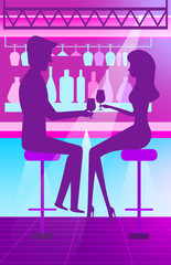 Man and woman in nightclub sitting at bar counter and drinking cocktails. Couple clinking glasses. Young people celebrating. Romantic date vector