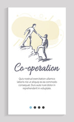 Cooperation of partners vector, workers helping in each other in hardships, businessman on steps giving hand to colleague on lower position. Website or app slider template, landing page flat style