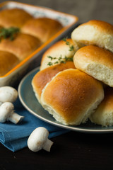 Homemade vegan buns stuffed with potato, mushrooms and onion.