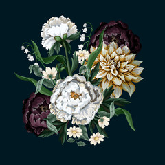 Bouquets with dahlia and peony in vintage style. Vector.