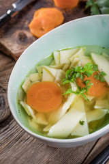Broth - chicken soup in a bowl.